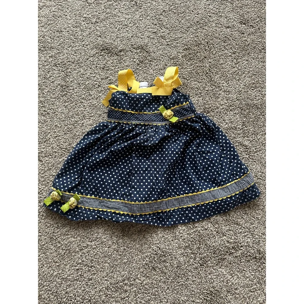 Blueberi Boulevard Navy Polka Dot Dress Yellow Ribbon Bows Rosettes Kids 12M